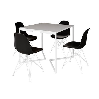 Mesa Industrial Quadrada Jantar Branca 90Cm Base V Com 4 Cadeiras Pretas Ferro Branco Cor: Branco