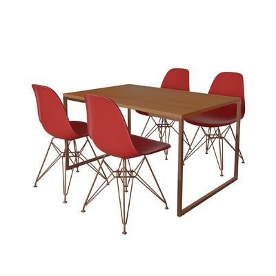 Mesa Industrial Base Ferro Cobre Tampo 137X90 Canela 4 Cadeiras Ferro Cobre Assento Vermelho Marrom