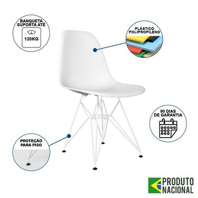 Mesa Industrial Base Ferro Branco Tampo 137X90 Amêndoa 4 Cadeiras Ferro Branco Assento Branco Marrom