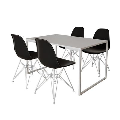Mesa Industrial Base Ferro Branco Tampo 137X90 Branco 4 Cadeiras Ferro Branco Assento Preto Branco