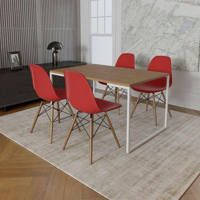 Mesa Industrial Base Ferro Branco Tampo 137X90 Amêndoa 4 Cadeiras Madeira Assento Vermelho Marrom