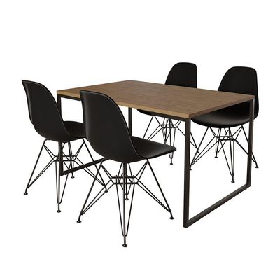 Mesa Industrial Base Ferro Preto Tampo 137X90 Amêndoa 4 Cadeiras Ferro Preto Assento Preto Marrom