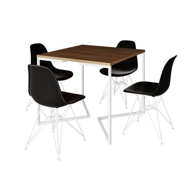 Mesa Industrial Quadrada Jantar Amêndoa 90Cm Base V Com 4 Cadeiras Pretas Ferro Branco Cor: Amendoa
