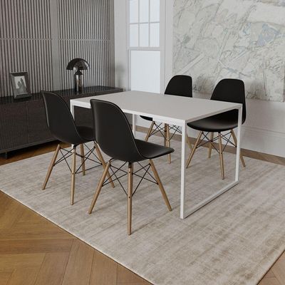 Mesa Industrial Base Ferro Branco Tampo 137X90 Branco 4 CadeirasMadeira Assento Preto Branco