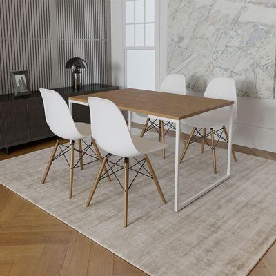 Mesa Industrial Base Ferro Branco Tampo 137X90 Amêndoa 4 Cadeiras Madeira Assento Branco Marrom