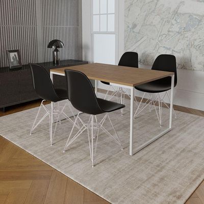 Mesa Industrial Base Ferro Branco Tampo 137X90 Amêndoa 4 Cadeiras Ferro Branco Assento Preto Marrom