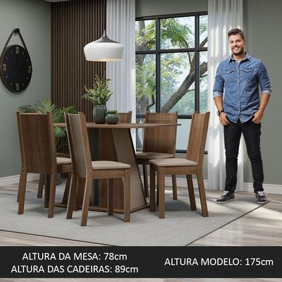 Conjunto Sala De Jantar Mesa Tampo De Madeira 6 Cadeiras Rustic/crema/bege