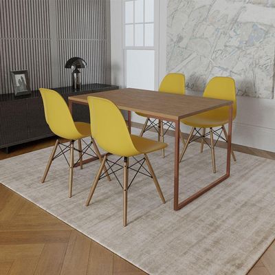 Mesa Industrial Base Ferro Cobre Tampo 137X90 Amêndoa 4 Cadeiras Madeira Assento Amarelo Marrom