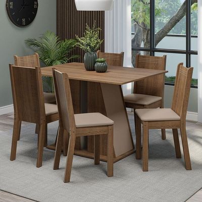 Conjunto Sala De Jantar Mesa Tampo De Madeira 6 Cadeiras Rustic/crema/bege