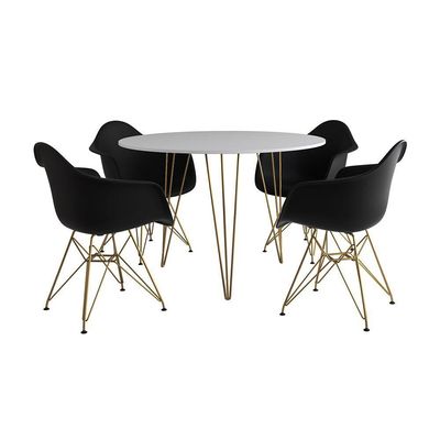 Mesa Jantar Redonda 90Cm Branca Clips 3 Pés Com 4 Poltronas Pretas Base Dourado - Cor: Branco