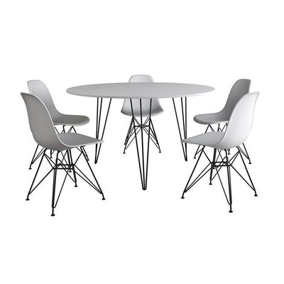 Mesa Jantar Redonda 110Cm Branca Clips 3 Pés Com 5 Cadeiras Brancas Ferro Preto - Cor: Branco