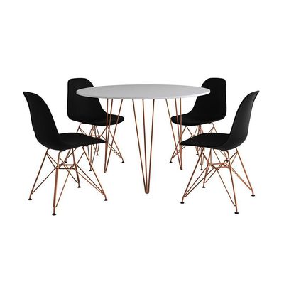 Mesa Jantar Redonda 110Cm Branca Clips 3 Pés Com 4 Cadeiras Pretas Base Cobre - Cor: Branco