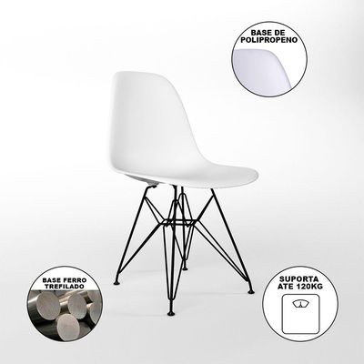 Mesa Jantar Redonda 110Cm Branca Clips 3 Pés Com 5 Cadeiras Brancas Ferro Preto - Cor: Branco
