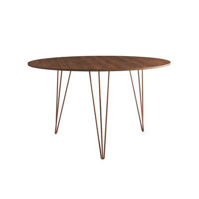 Mesa Jantar Redonda 110Cm Amêndoa Clips 3 Pés Com 4 Cadeiras Brancas Base Cobre - Cor: Amendoa