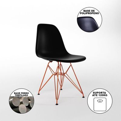 Mesa Jantar Redonda 110Cm Branca Clips 3 Pés Com 4 Cadeiras Pretas Base Cobre - Cor: Branco