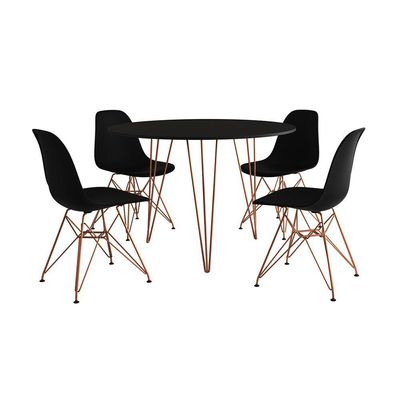Mesa Jantar Redonda 110Cm Preta Clips 3 Pés Com 4 Cadeiras Pretas Base Cobre - Cor: Preto