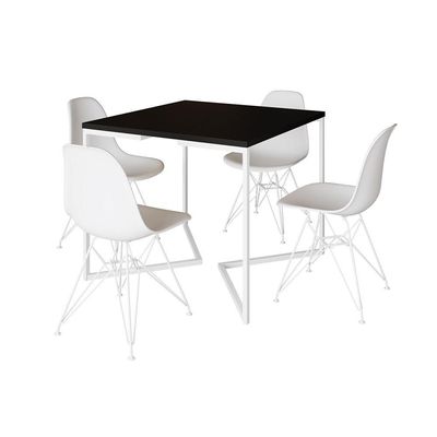 Mesa Industrial Quadrada Jantar Preta 90Cm Base V Com 4 Cadeiras Brancas Ferro Branco Cor: Preto