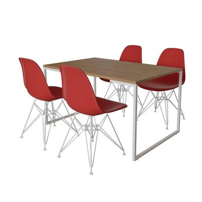 Mesa Industrial Base Ferro Branco Tampo, Amêndoa 4 Cadeiras Ferro Branco Assento Vermelho Marrom
