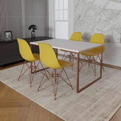 Mesa Industrial Base Ferro Cobre Tampo 137X90 Branco 4 Cadeiras Ferro Cobre Assento Amarelo Branco