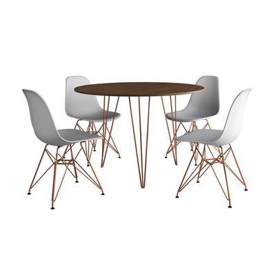Mesa Jantar Redonda 110Cm Amêndoa Clips 3 Pés Com 4 Cadeiras Brancas Base Cobre - Cor: Amendoa