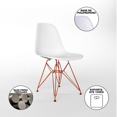 Mesa Jantar Redonda 110Cm Amêndoa Clips 3 Pés Com 4 Cadeiras Brancas Base Cobre - Cor: Amendoa