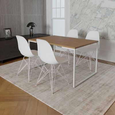 Mesa Industrial Base Ferro Branco Tampo 137X90 Amêndoa 4 Cadeiras Ferro Branco Assento Branco Marrom