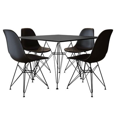 Jogo De Mesa De Ferro Preto E Tampo Quadrado Preto 90Cm 4 Cadeiras Pretas
