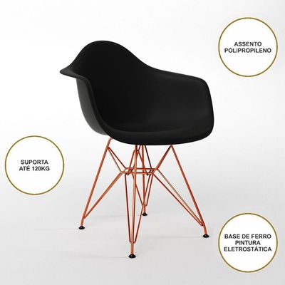 Mesa Jantar Redonda 110Cm Amêndoa Clips 3 Pés Com 5 Poltronas Pretas Base Cobre - Cor: Amendoa