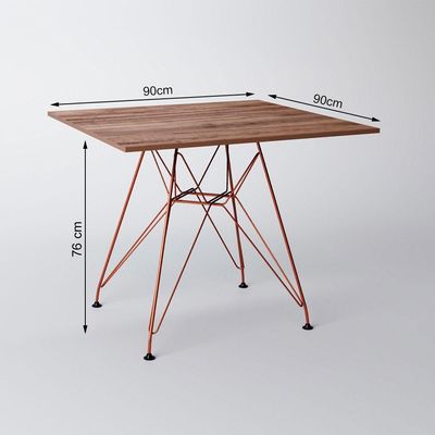 Mesa Jantar Quadrada Com 4 Cadeiras Pretas Base De Ferro Cobre Tampo Amêndoa 90Cm Cor: Marrom