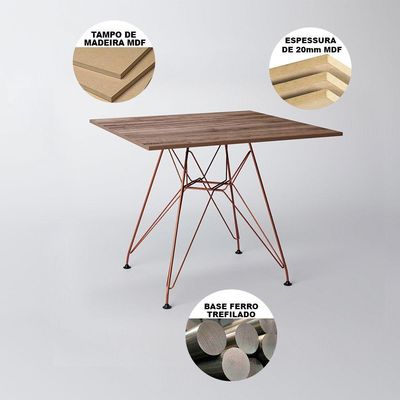 Mesa Jantar Quadrada Com 4 Cadeiras Pretas Base De Ferro Cobre Tampo Amêndoa 90Cm Cor: Marrom