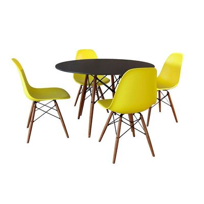 Conjunto De Mesa De Jantar Redonda 90Cm Tampo De Madeira Preto Com 4 Cadeiras Amarelas