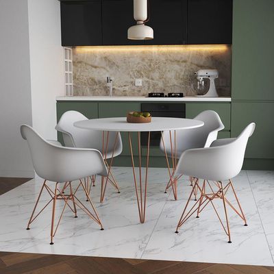 Mesa Jantar Redonda 90Cm Branca Clips 3 Pés Com 4 Poltronas Brancas Base Cobre - Cor: Branco