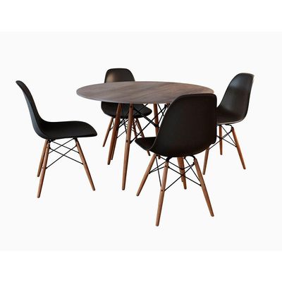 Conjunto De Mesa De Jantar Redonda 110Cm Tampo De Madeira Amêndoa Com 4 Cadeiras Pretas