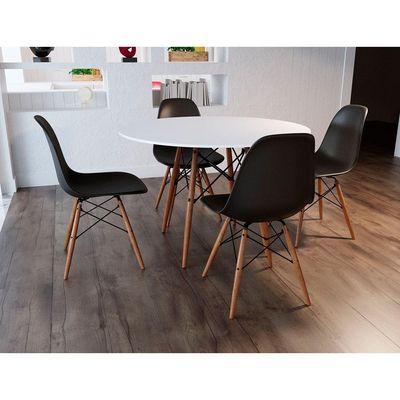 Conjunto De Mesa 4 Cadeiras Pretas Dkr 110 Cm Base Madeira Tampo Branco