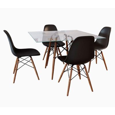 Conjunto De Mesa De Jantar Quadrada 90Cm Tampo De Vidro Com 4 Cadeiras Pretas