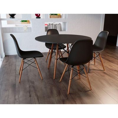 Conjunto De Mesa De Jantar Redonda 110Cm Tampo De Madeira Preto Com 4 Cadeiras Pretas