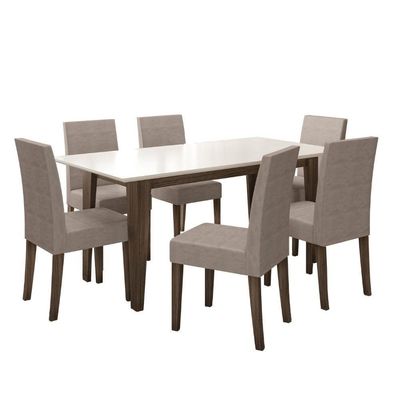 Conjunto Sala De Jantar Retangular Mesa Liz 160cm E 06 Cadeiras Josi Amêndoa Com Off White