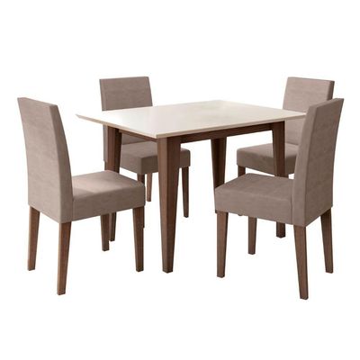 Conjunto Sala De Jantar Retangular Mesa Kate 120cm E 04 Cadeiras Josi Amêndoa Com Off White
