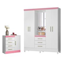 Jogo De Quarto Roupeiro E Comoda Munique Branco Rosa