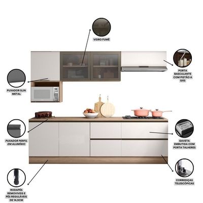 Cozinha Completa Etna 7 Peças Balcão Cooktop Poliman Móveis Carvalho Oak E Off White