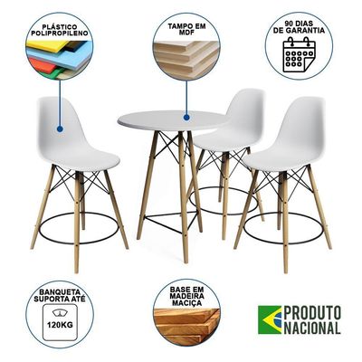 Mesa Bistrô Eames Eiffel Branca Com 3 Banquetas Brancas De Madeira - Cor: Branco
