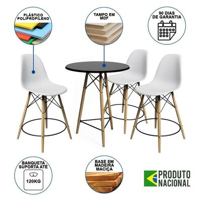 Conjunto Mesa Bistrô Eames Eiffel Preta Com 3 Banquetas Brancas De Madeira - Cor: Preto