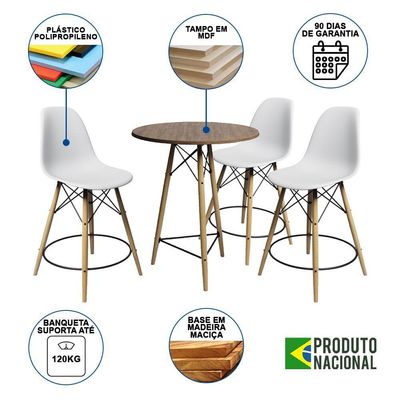 Conjunto Mesa Bistrô Eames Eiffel Amêndoa Com 3 Banquetas Brancas De Madeira - Cor: Marrom