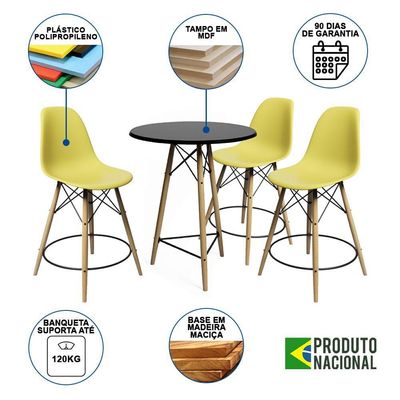 Conjunto Mesa Bistrô Eames Eiffel Preta Com 3 Banquetas Amarelas De Madeira - Cor: Preto