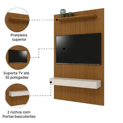 Painel Para Tv Até 55 Polegadas Ripado Impressão 3d Egeo Com Nicho 1,35m Cedro Off White Edn Cedro