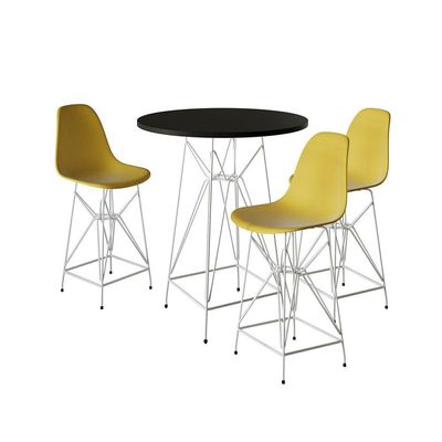 Jogo Mesa Bistrô Eames Preta 60Cm 3 Banquetas Amarela Base Ferro Branco - Cor: Preto