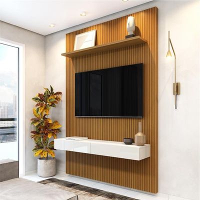 Painel Para Tv Até 55 Polegadas Ripado Impressão 3d Egeo Com Nicho 1,35m Cedro Off White Edn Cedro