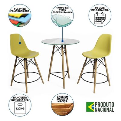 Mesa Bistrô Eames Eiffel Vidro Com 2 Banquetas Amarelas De Madeira - Cor: Amarelo