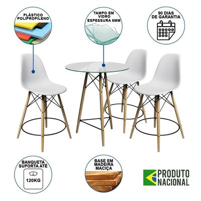 Conjunto Mesa Bistrô Eames Eiffel Vidro Com 3 Banquetas Brancas De Madeira - Cor: Branco