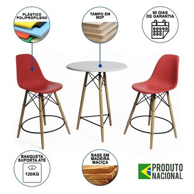 Mesa Bistrô Eames Eiffel Branca Com 2 Banquetas Vermelhas De Madeira - Cor: Branco